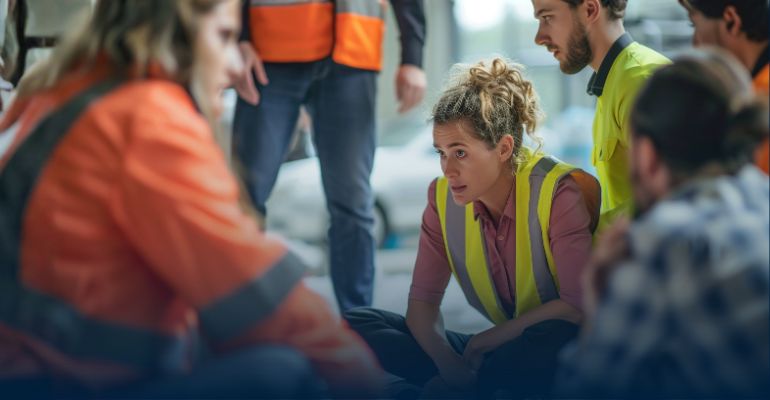 Women sitting and staring at other people while wearing a safety vest