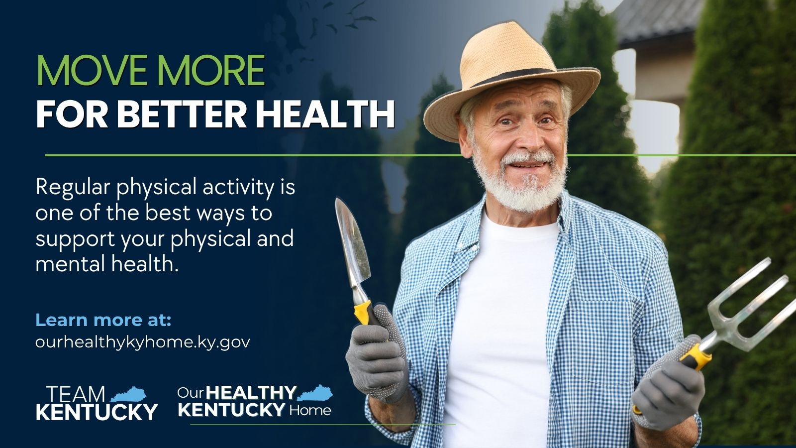 A man is a hat is smiling at the camera holding gardening tools in each of his hands