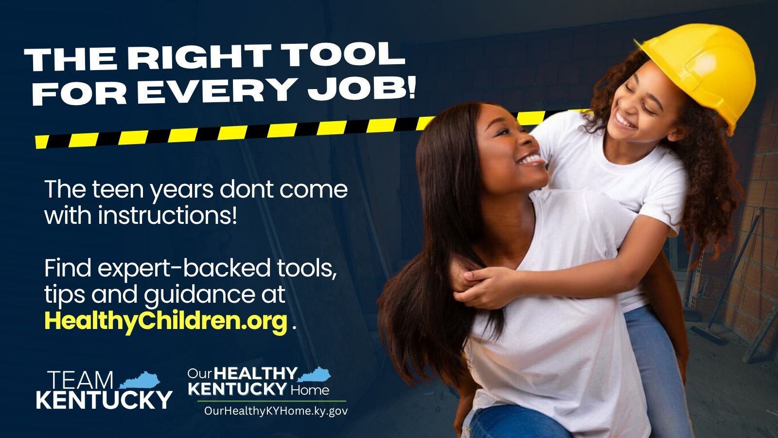 a mother giving her teenage daughter a piggyback ride. The teenager is wearing a yellow hard hat