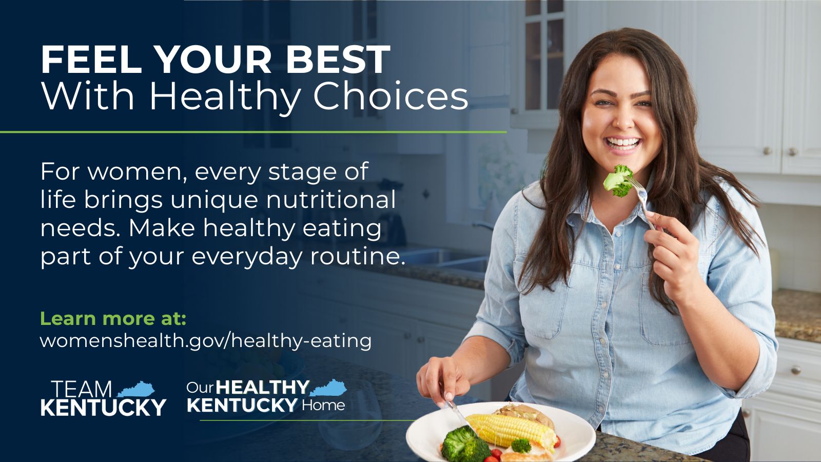 A women standing at a counter eating vegtables on a plate 